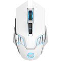 White wireless gaming mouse with blue LED light strip on the top panel