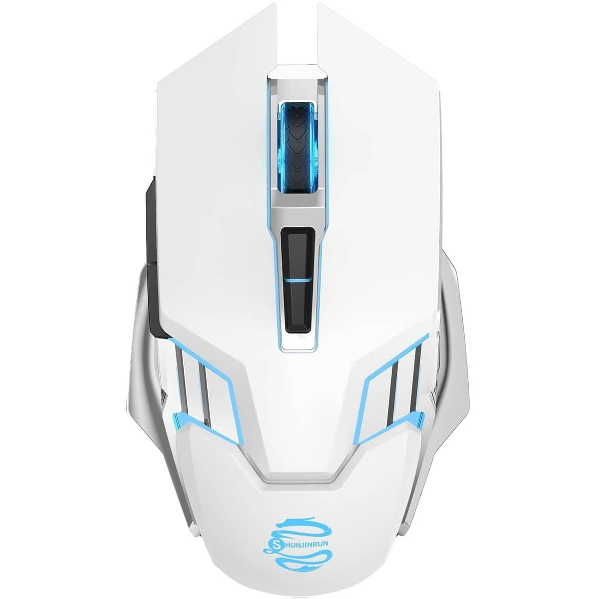 White wireless gaming mouse with blue LED light strip on the top panel