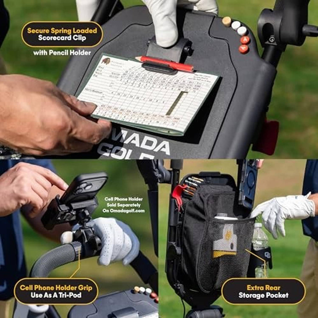 Golf push cart control panel with scorecard clip and pencil holder