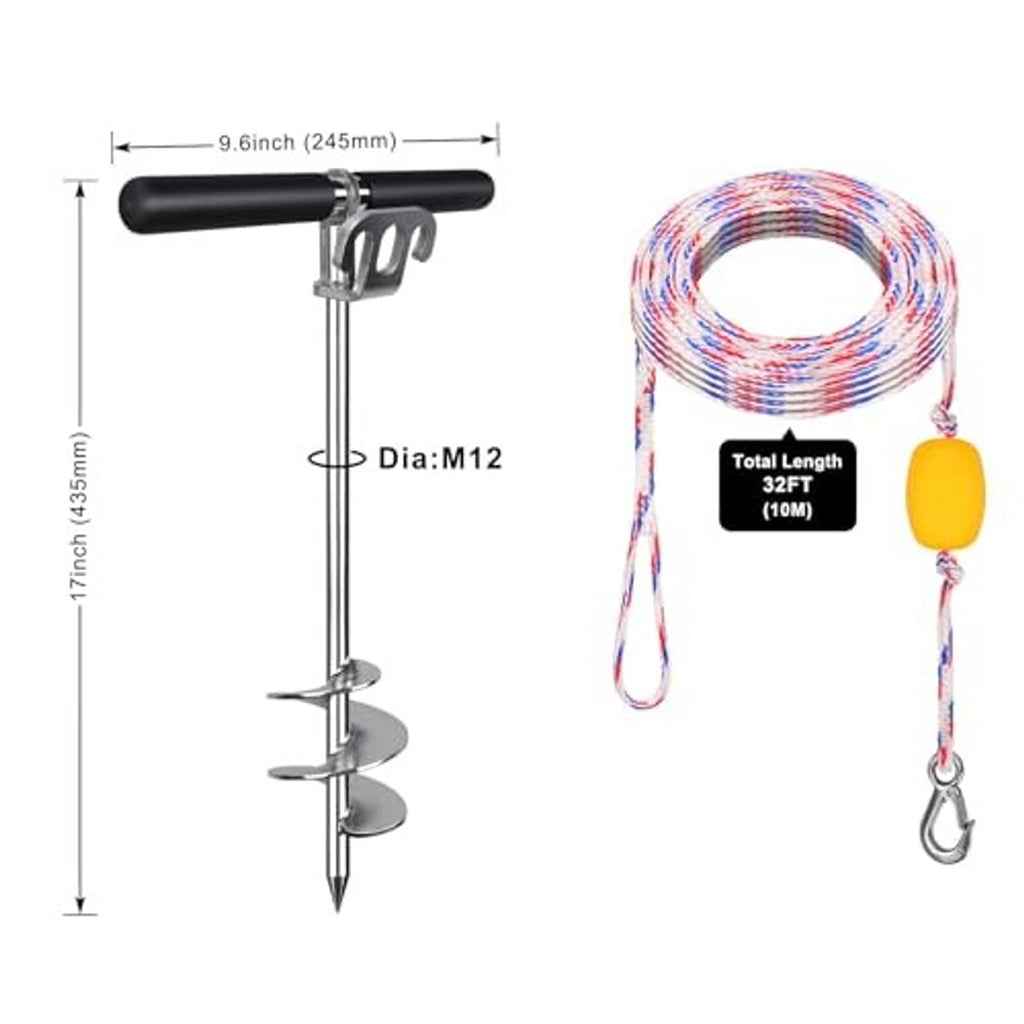 Sand anchor with black handle and spiral flukes, plus coiled multicolor rope with yellow buoy