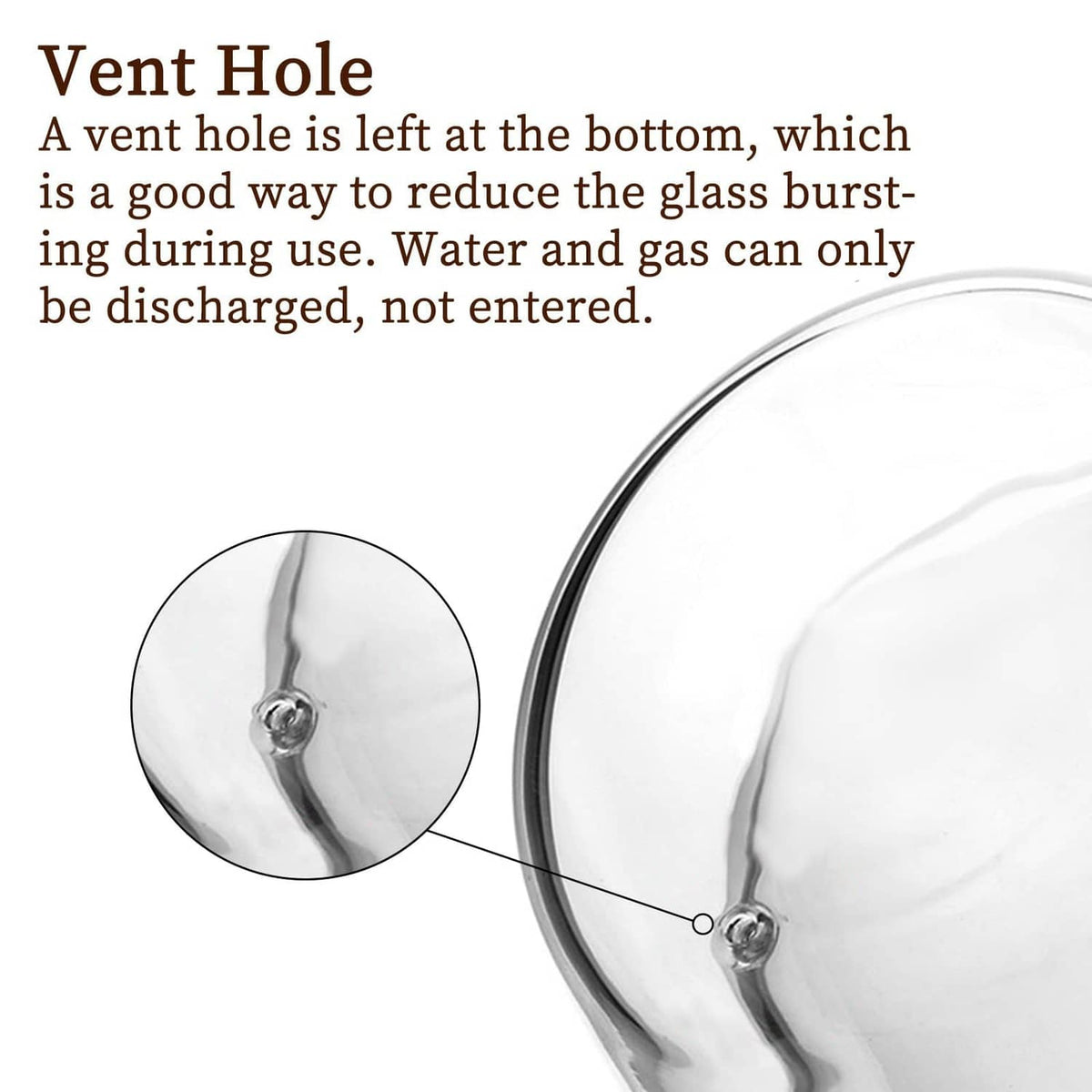 Clear double-wall espresso cup bottom detail with vent hole and side handle