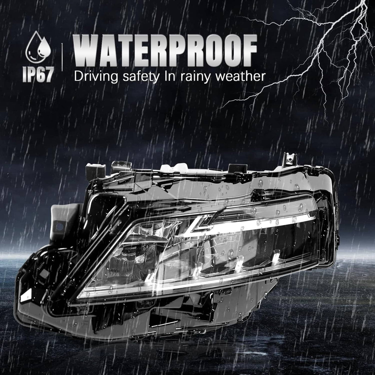 Waterproof LED headlight assembly with clear lens and black housing