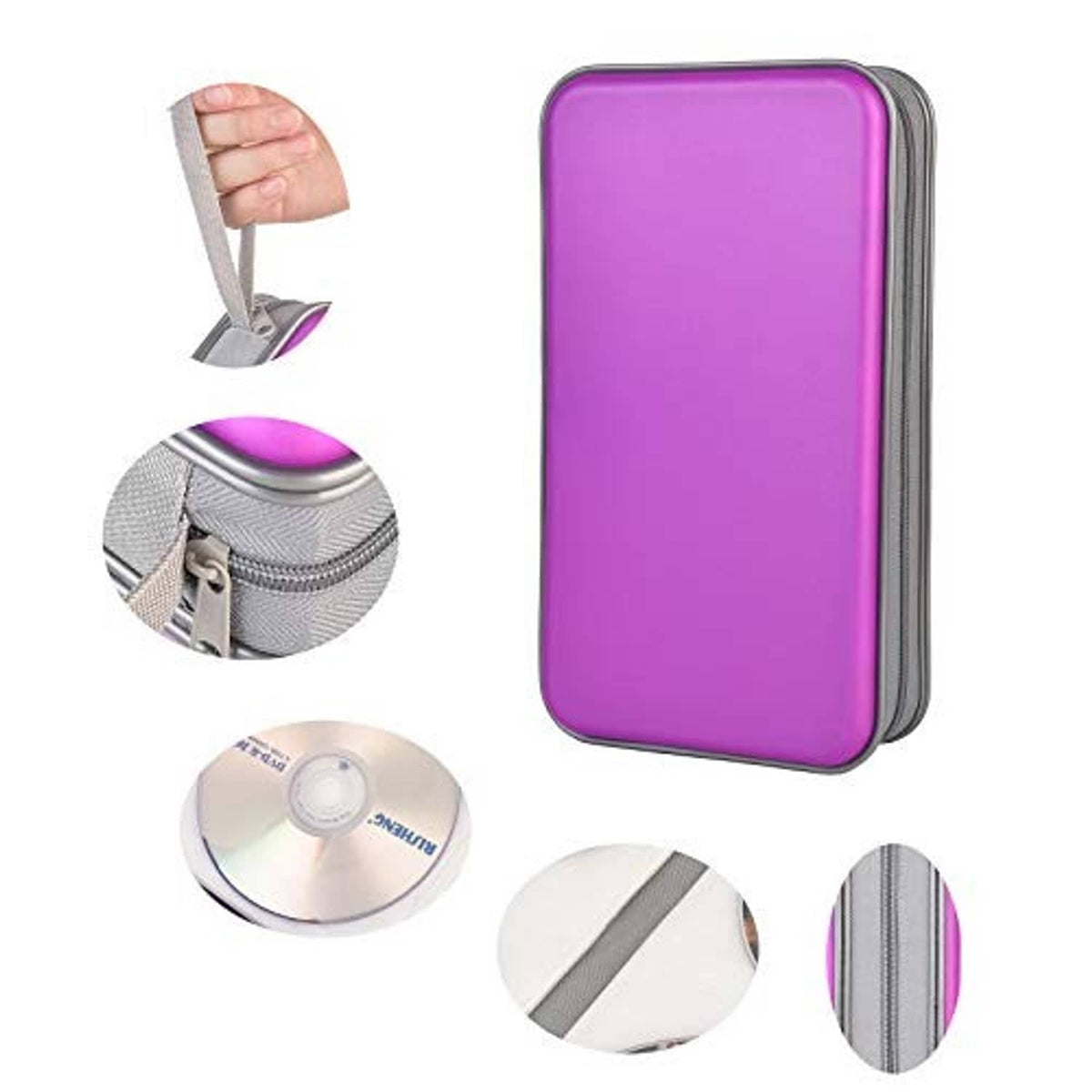 Purple hard plastic CD case, closed with zipper-style edge and strap closure