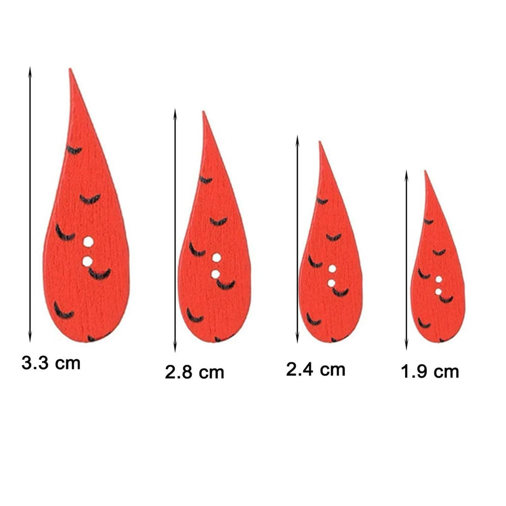 Red water-drop wooden buttons with face details; size range shown (1.9–3.3 cm)