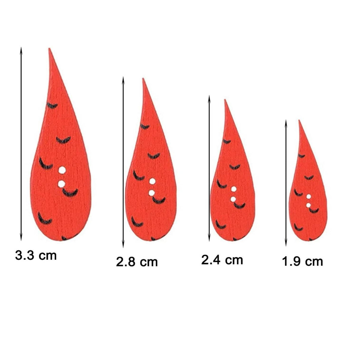Red water-drop wooden buttons with face details; size range shown (1.9–3.3 cm)