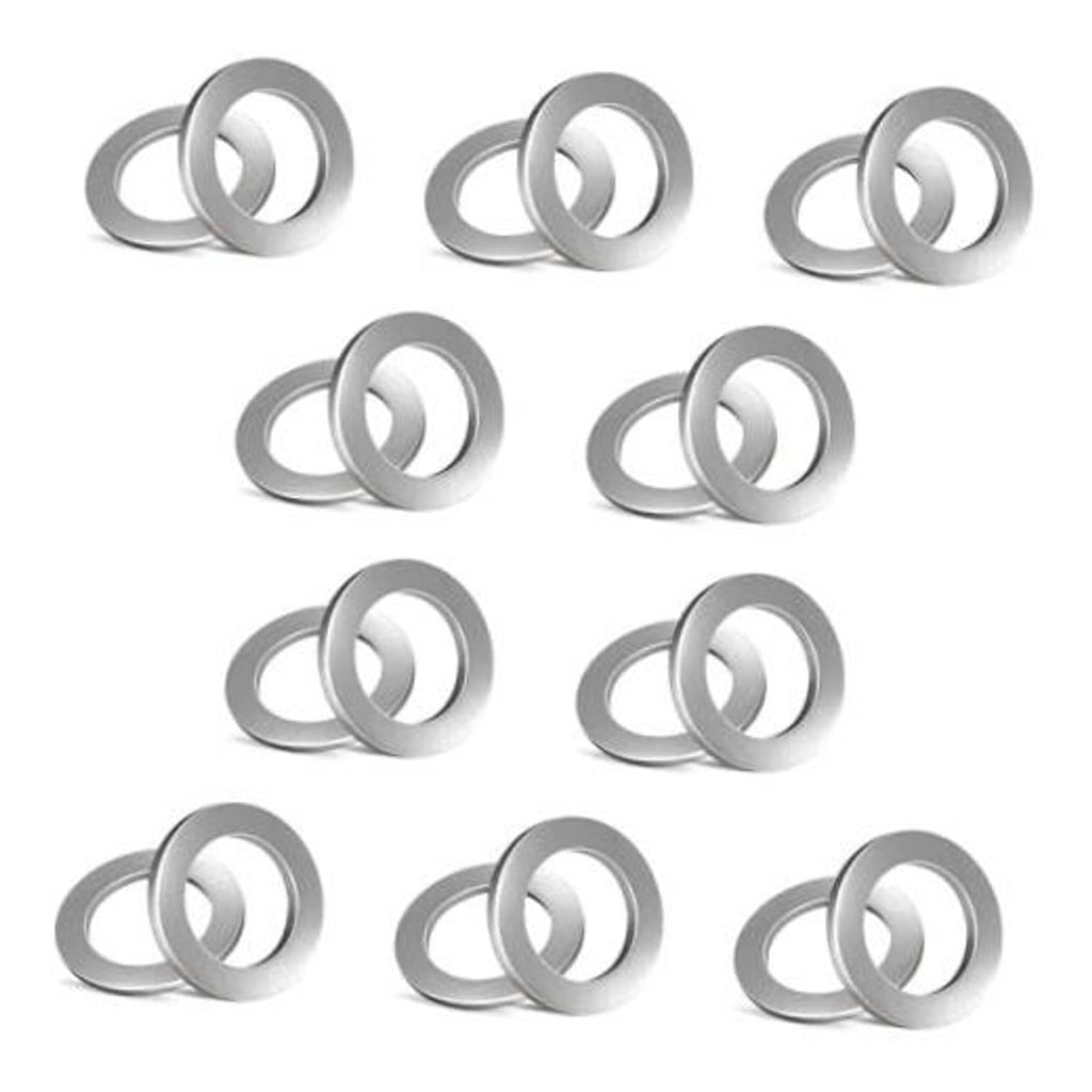 Set of silver oil drain plug crush washers on white background