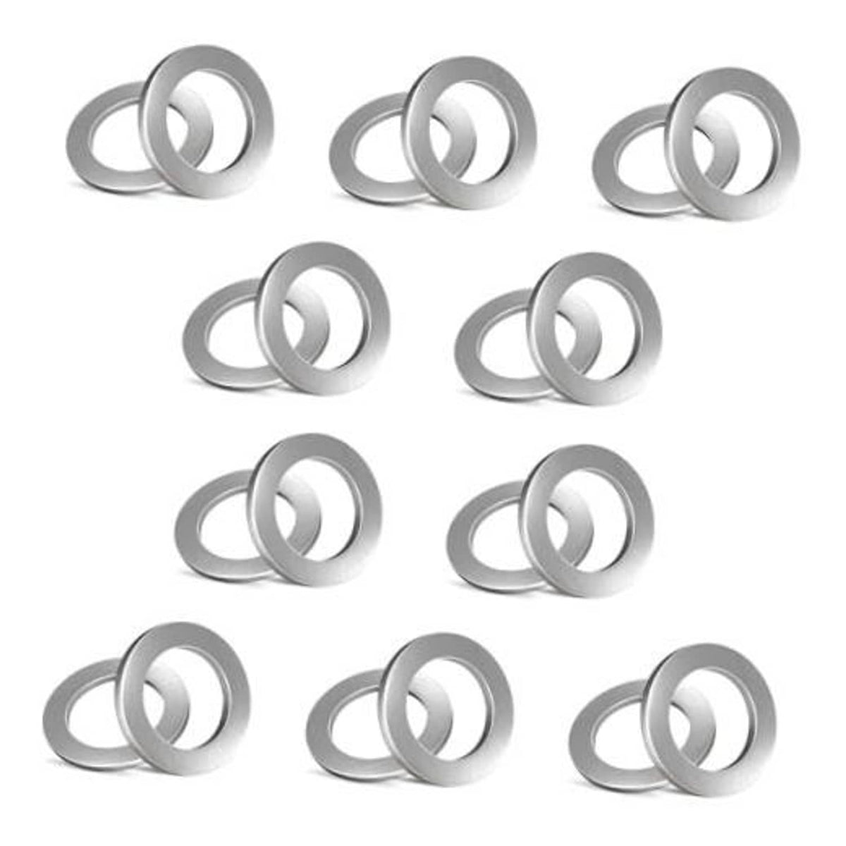 Set of silver oil drain plug crush washers on white background