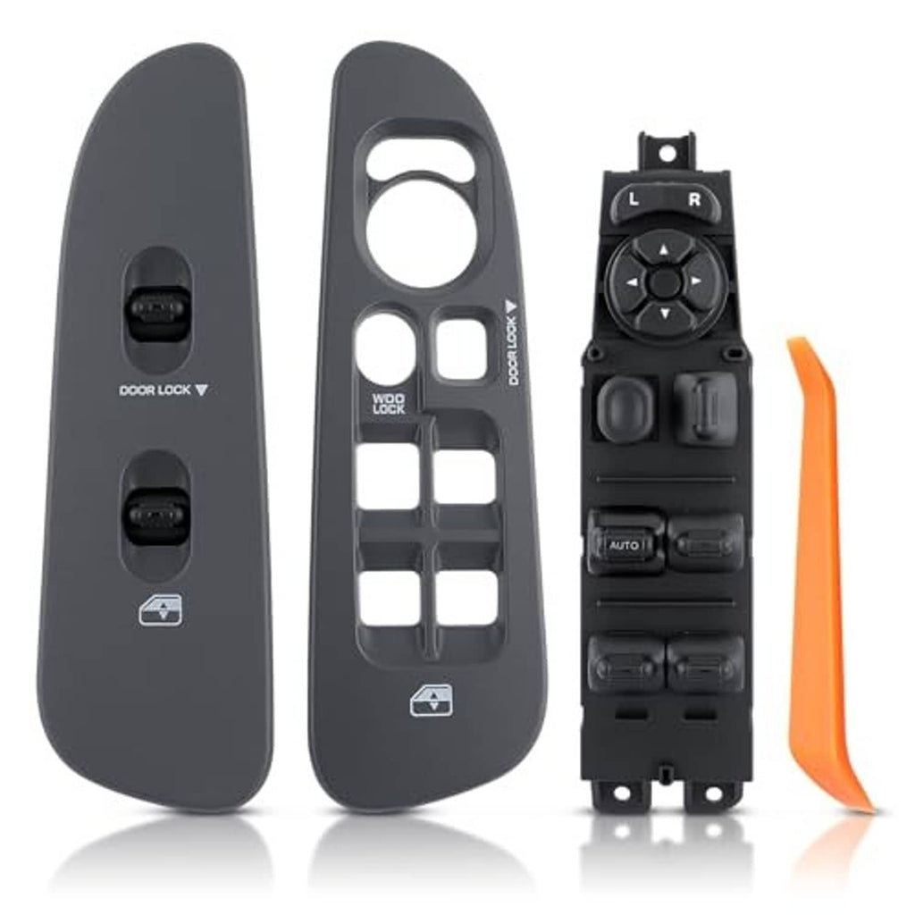 Grey power window switch bezel with rocker buttons and door lock controls
