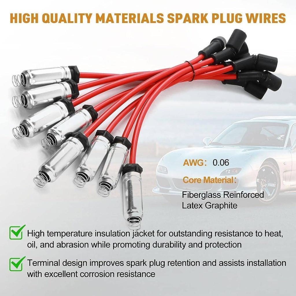 Red spark plug wire harness with black ignition coils and chrome spark plugs