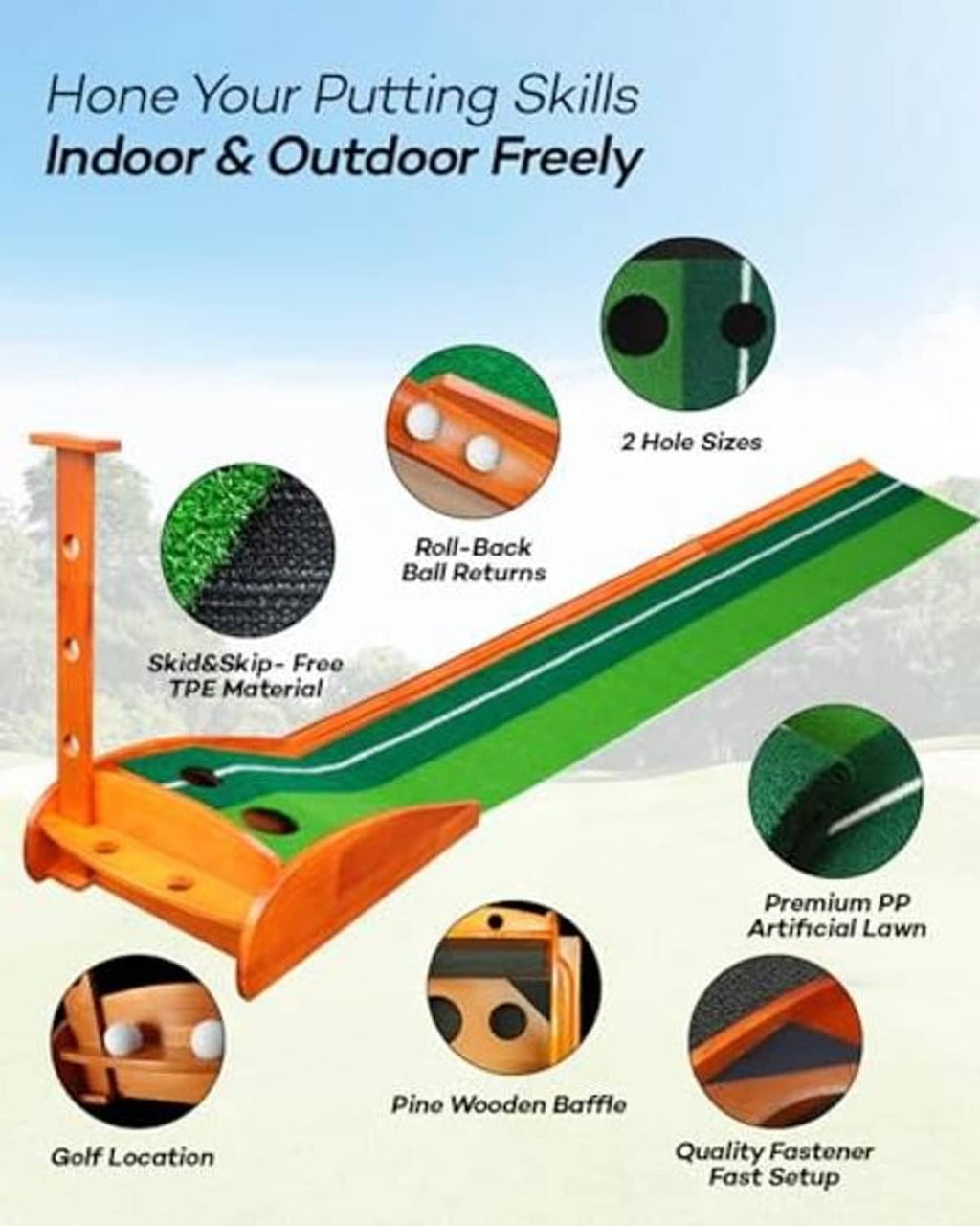 Folding golf putting mat with green track and orange base, dual-hole practice design