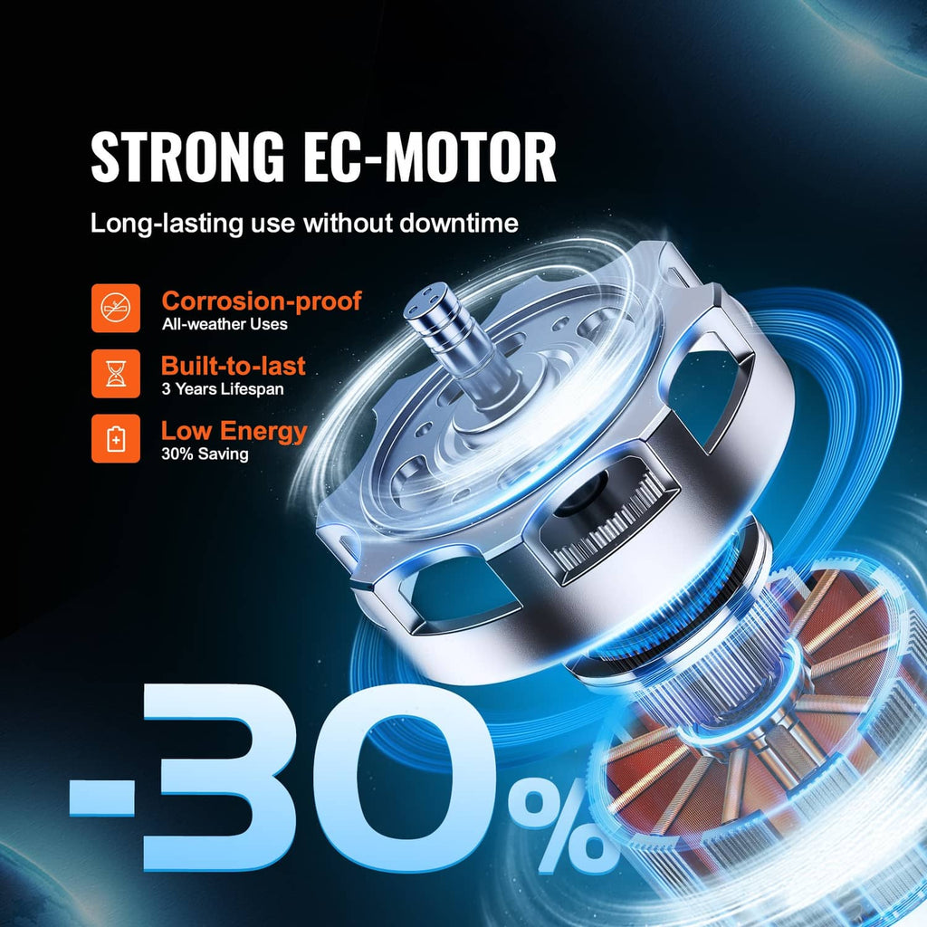 Inline duct fan motor with metallic fan wheel inside black housing