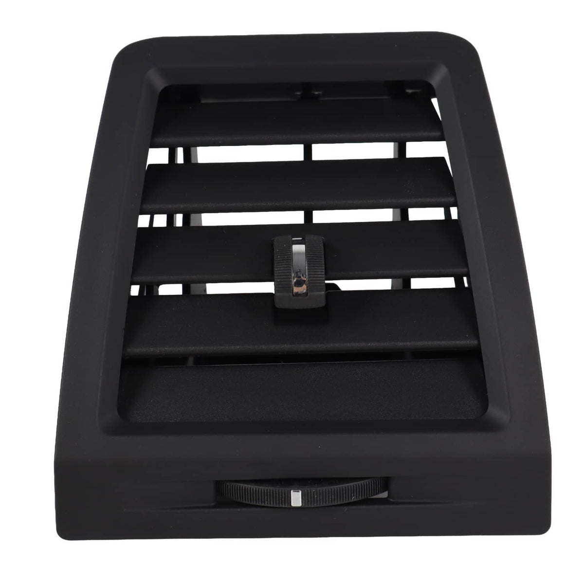 Dashboard A/C air vent grille with horizontal louvers and center control, dark.