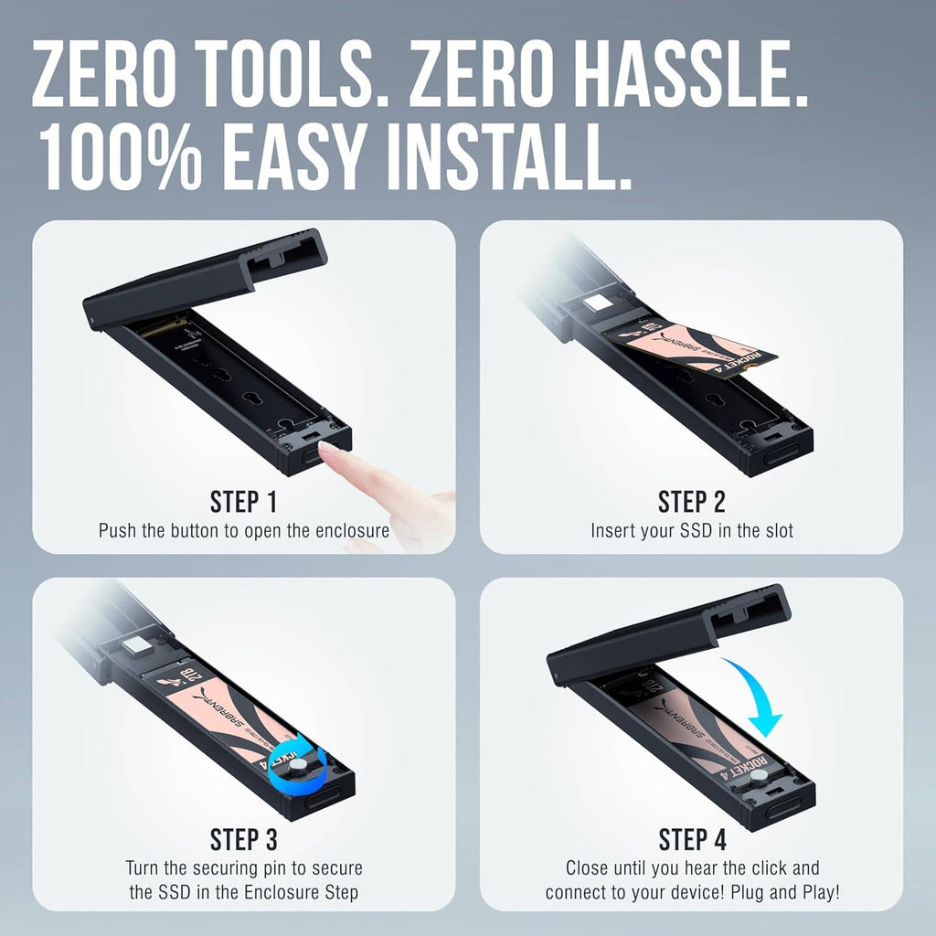 Tool-free M.2 SSD enclosure with open bay and step-by-step button installation shown
