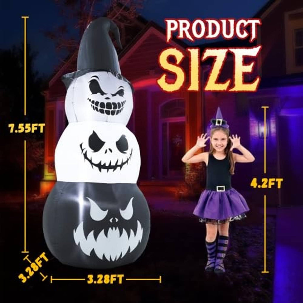 Inflatable Halloween pumpkin stack decoration with witch hat, size markers