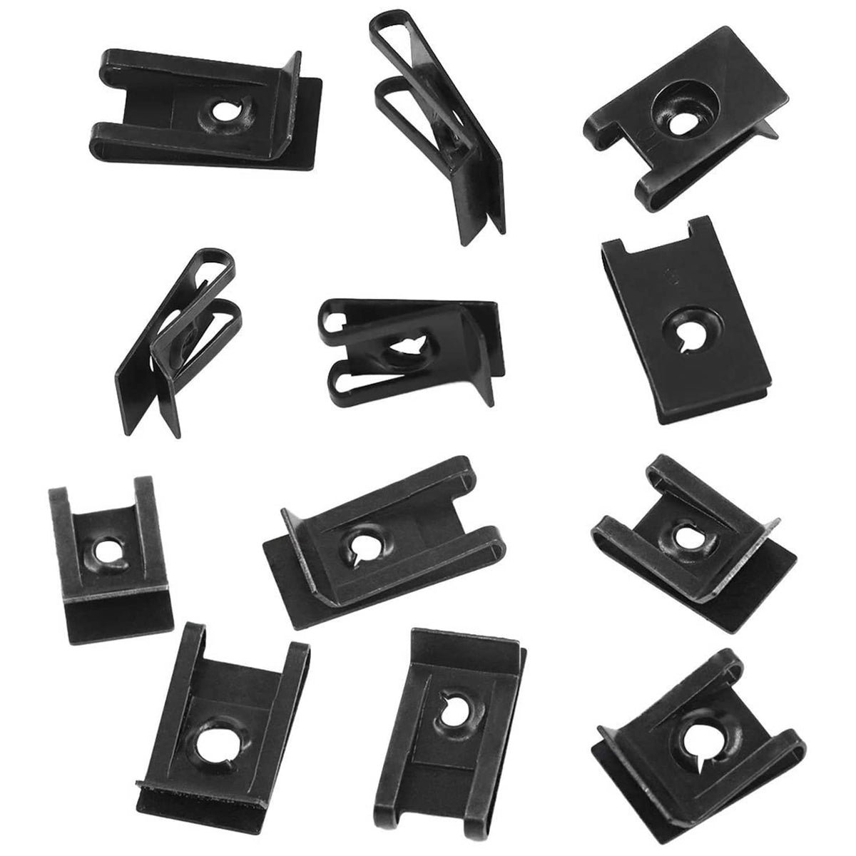 Black U-nut auto clips assortment kit, mixed sizes with circular mounting holes