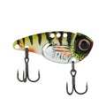 1.5 in blade bait lure, chrome with tiger stripes, red gill, two treble hooks