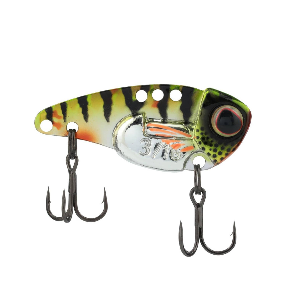1.5 in blade bait lure, chrome with tiger stripes, red gill, two treble hooks