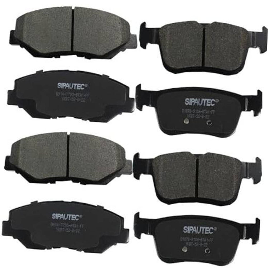 Set of dark gray carbon ceramic brake pads with metal backing and mounting tabs