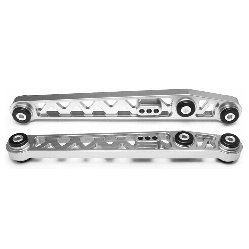 Silver rear lower control arm with attached bushings and mounting brackets