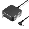 Black laptop power adapter with two-prong AC plug and round DC barrel tip