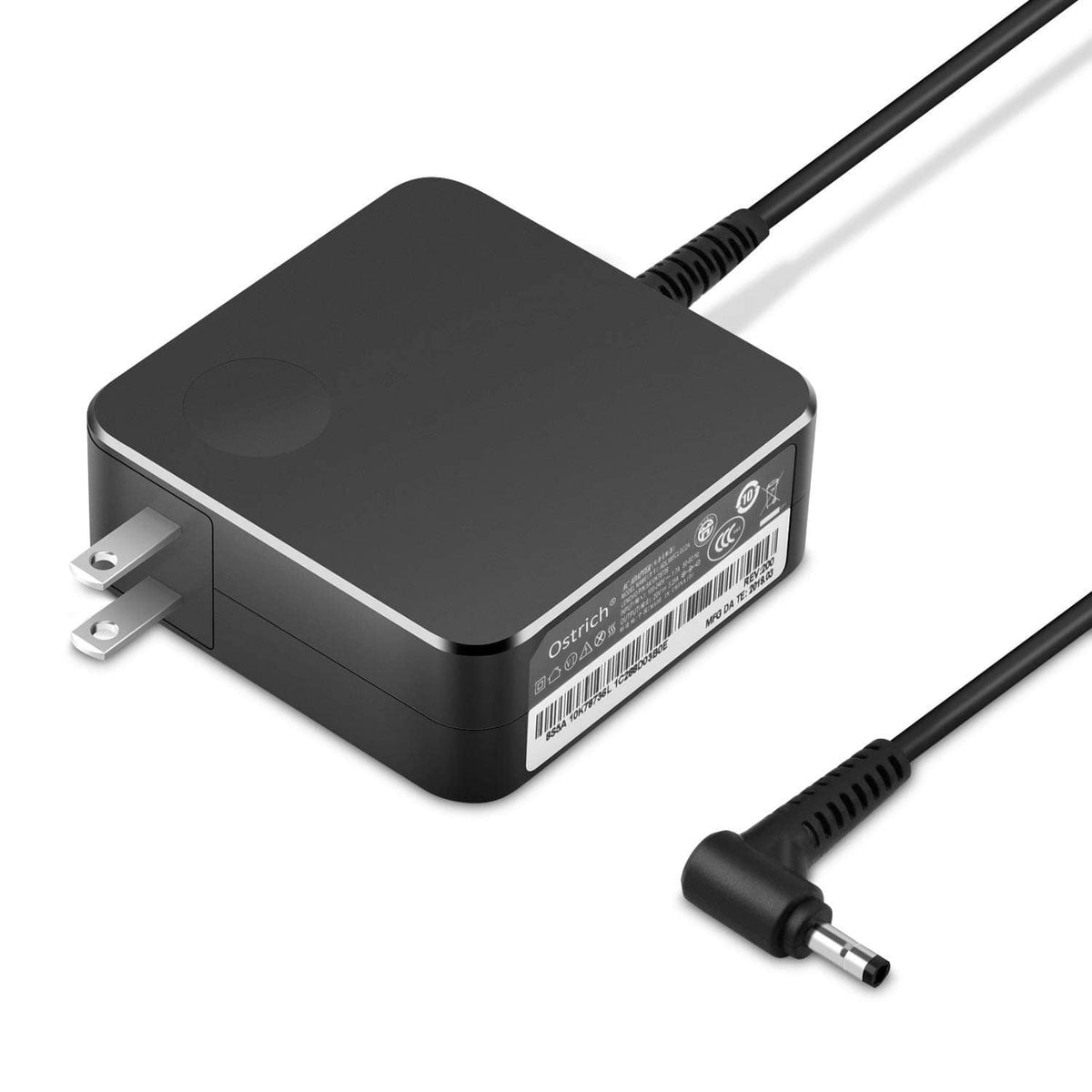 Black laptop power adapter with two-prong AC plug and round DC barrel tip