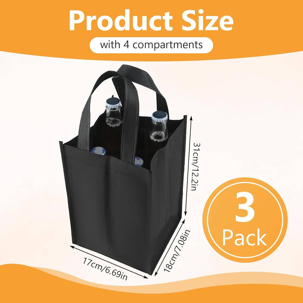 Three-pack black 4-bottle wine tote bags with four bottle compartments and sturdy handles