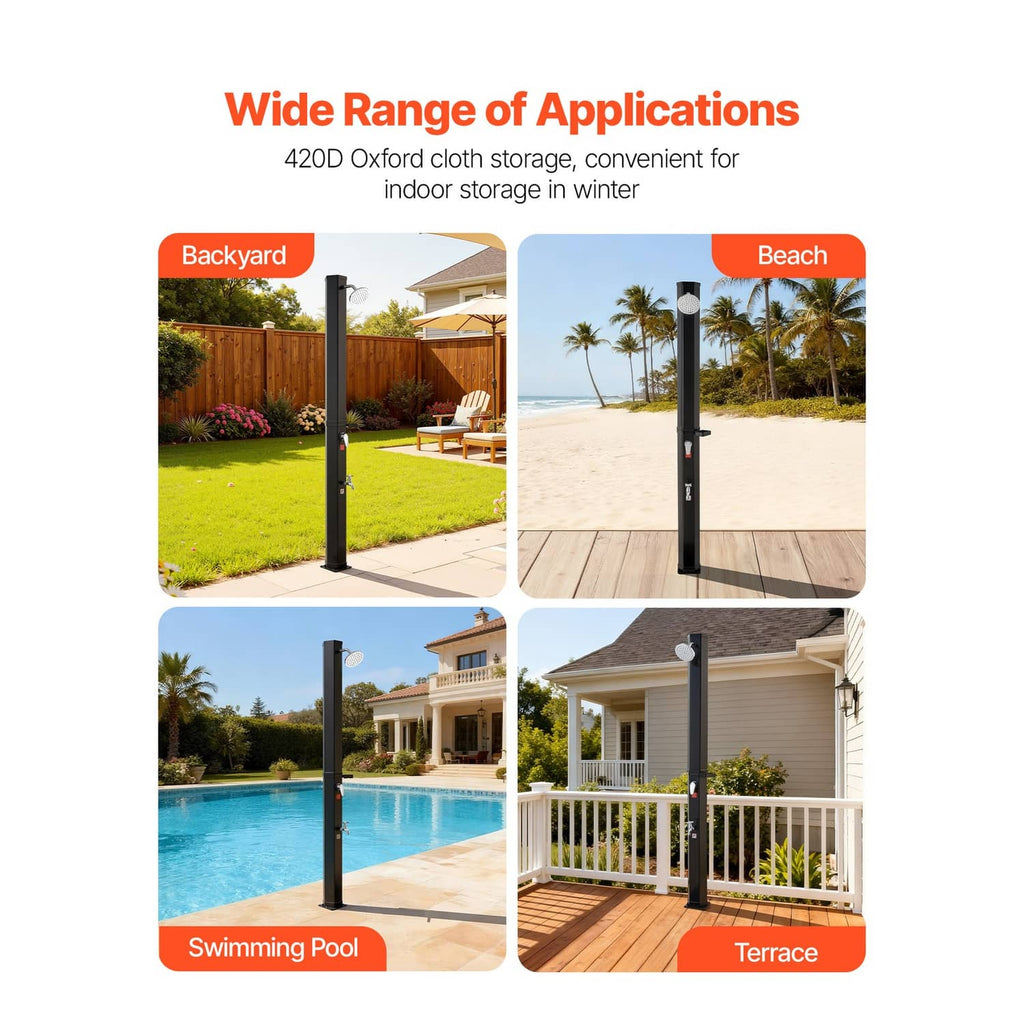 Outdoor solar shower installed on deck and patio beside a swimming pool