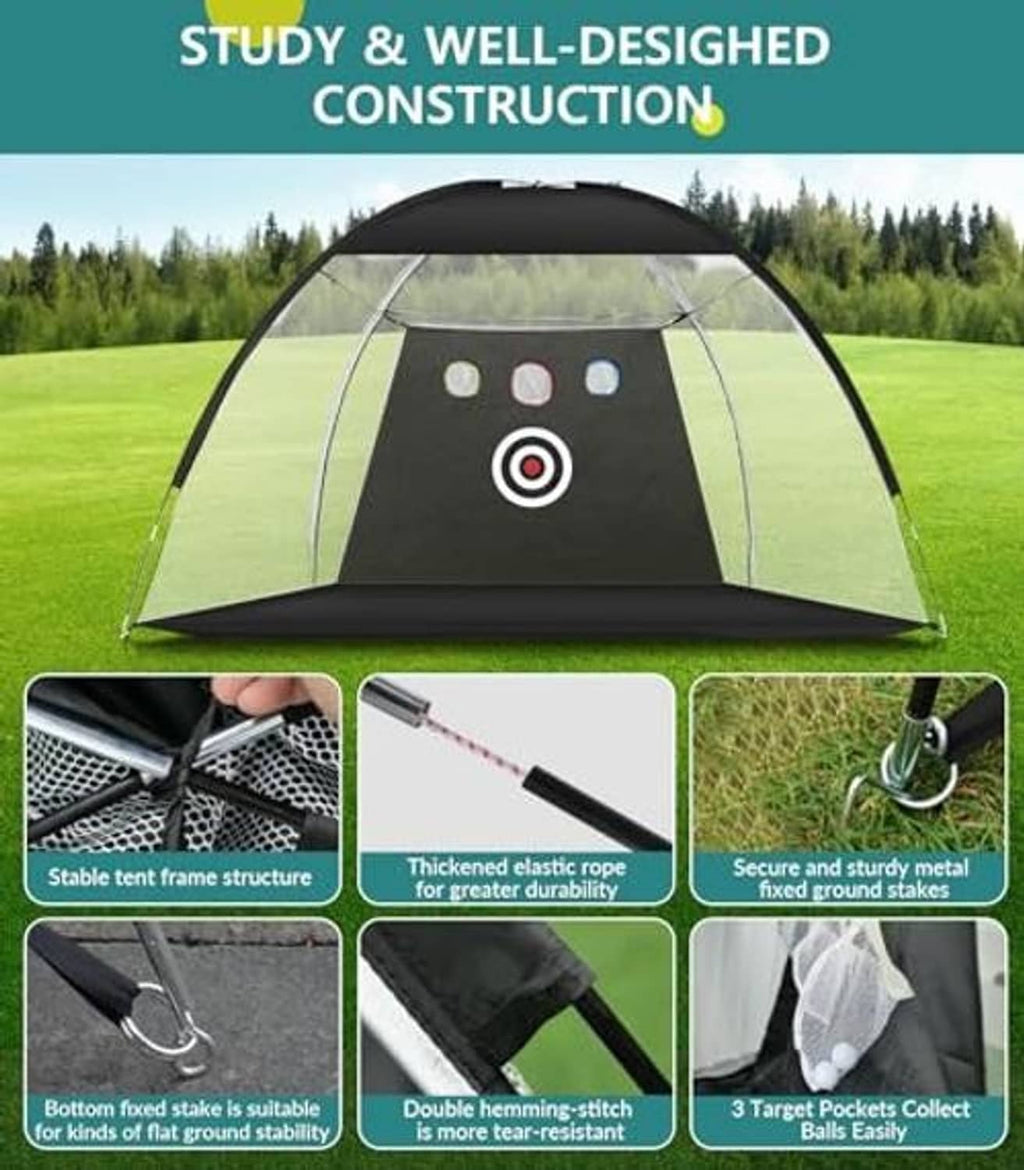 Golf practice net with reinforced frame, elastic cord, and metal ground stakes
