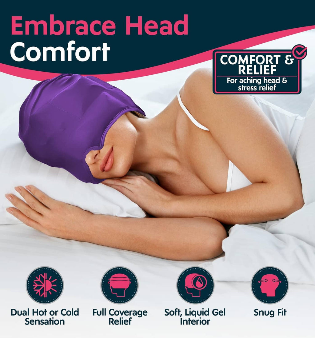 MagicGel purple gel head wrap worn for head and neck comfort