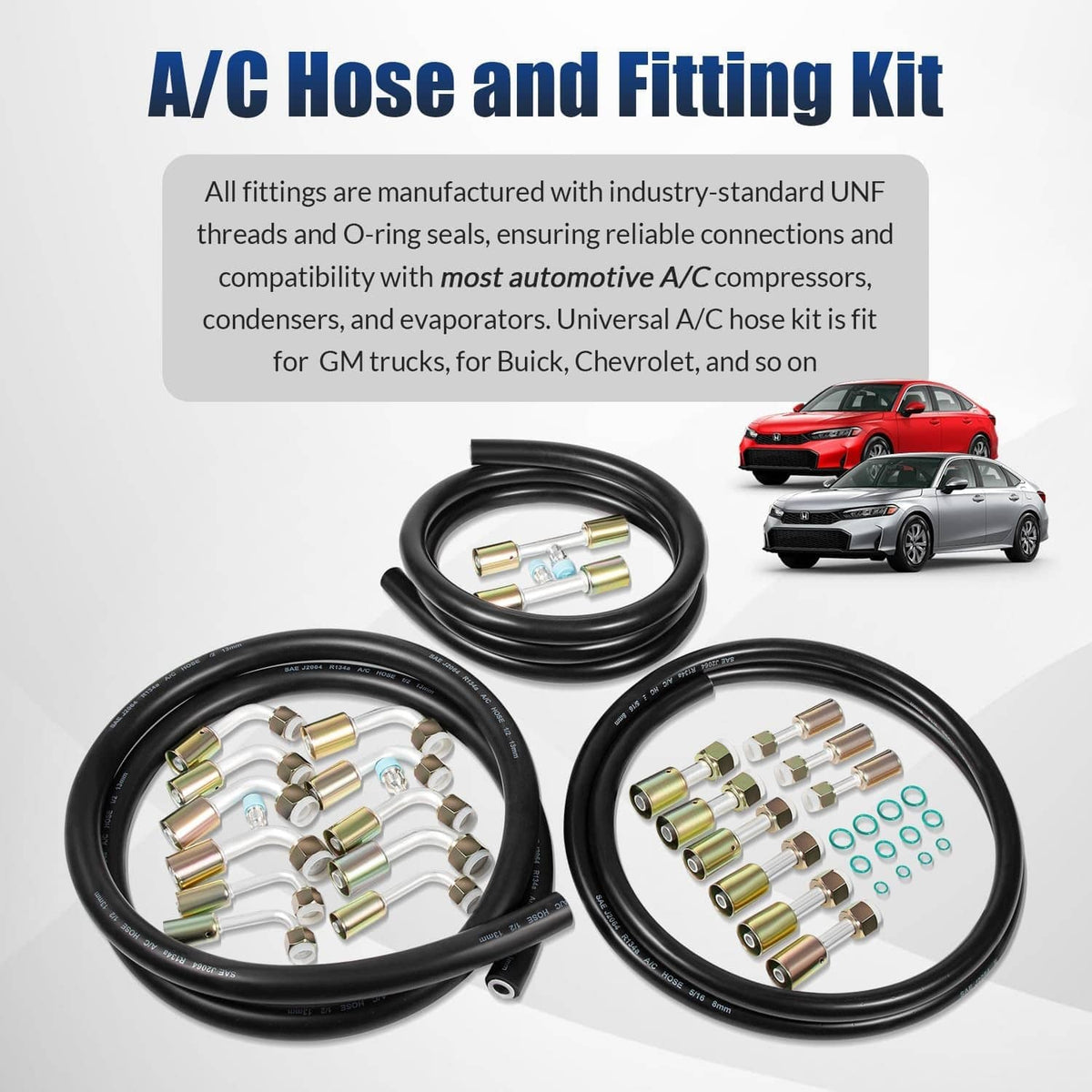 A/C hose and fitting kit showing bundled black hoses with multiple brass-and-steel fittings