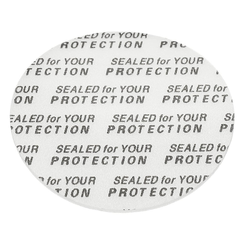 Close-up white 35mm foam lid liner disc with printed protection text