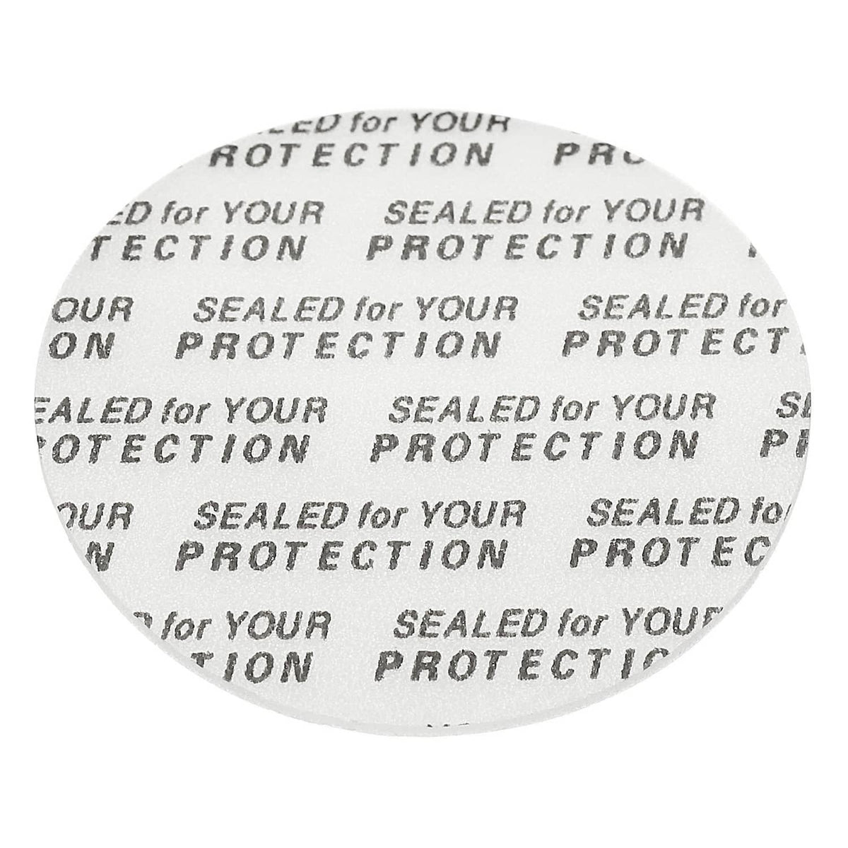 Close-up white 35mm foam lid liner disc with printed protection text