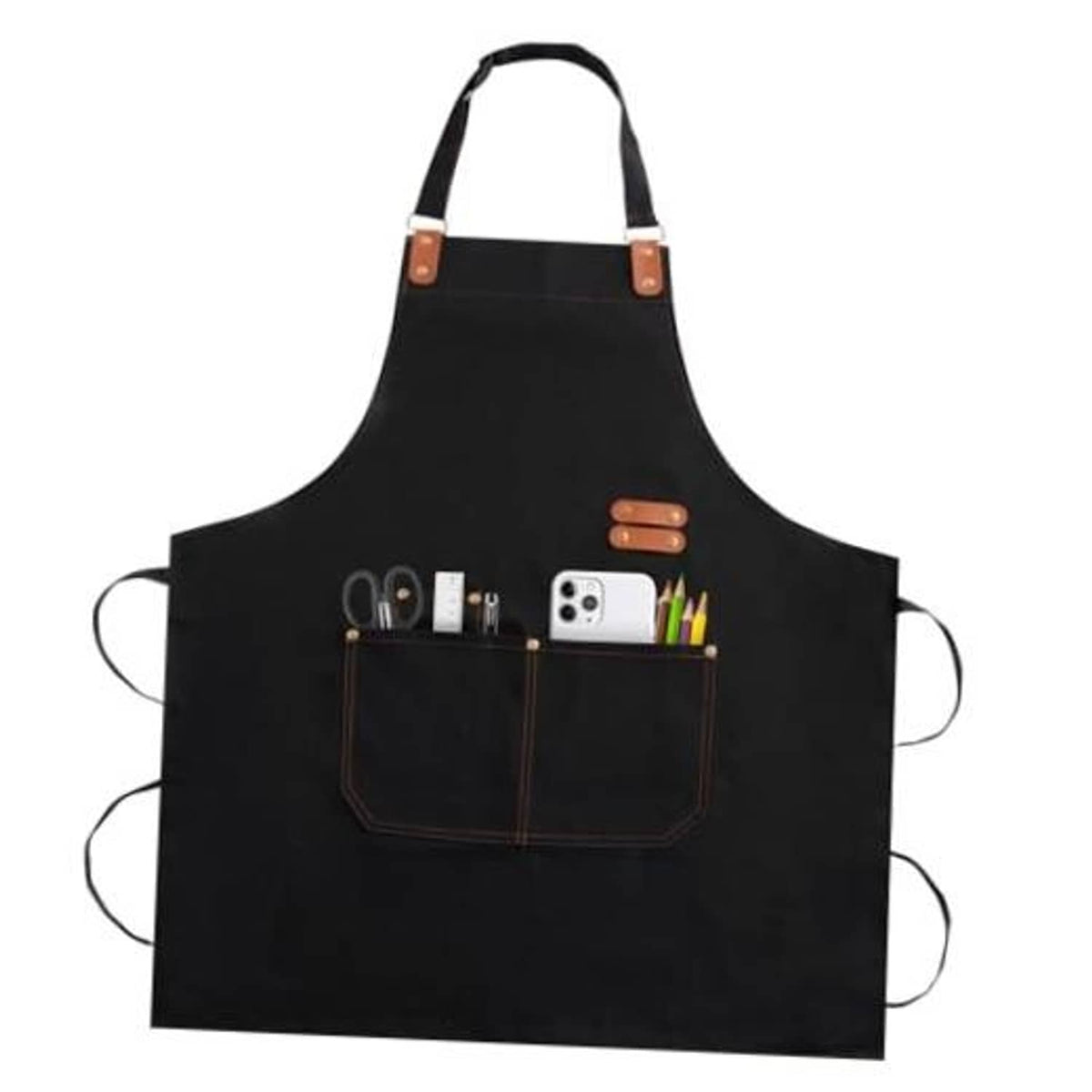 Black chef apron with front organizer pockets and brown leather handle accents