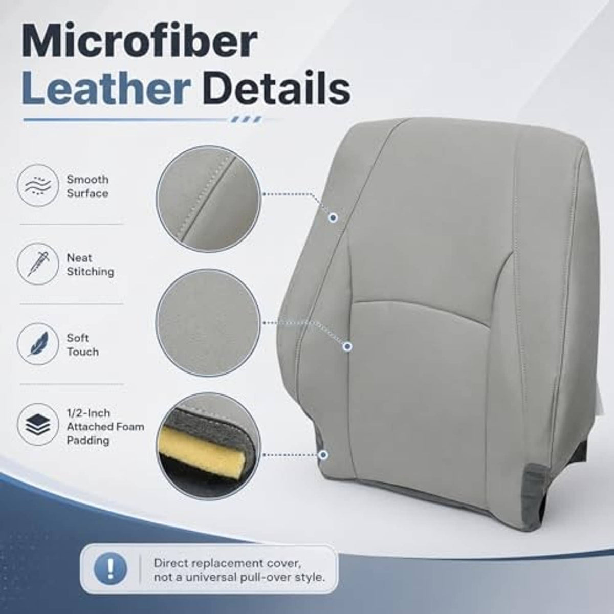 Gray microfiber leather seat back replacement cover with smooth stitching details
