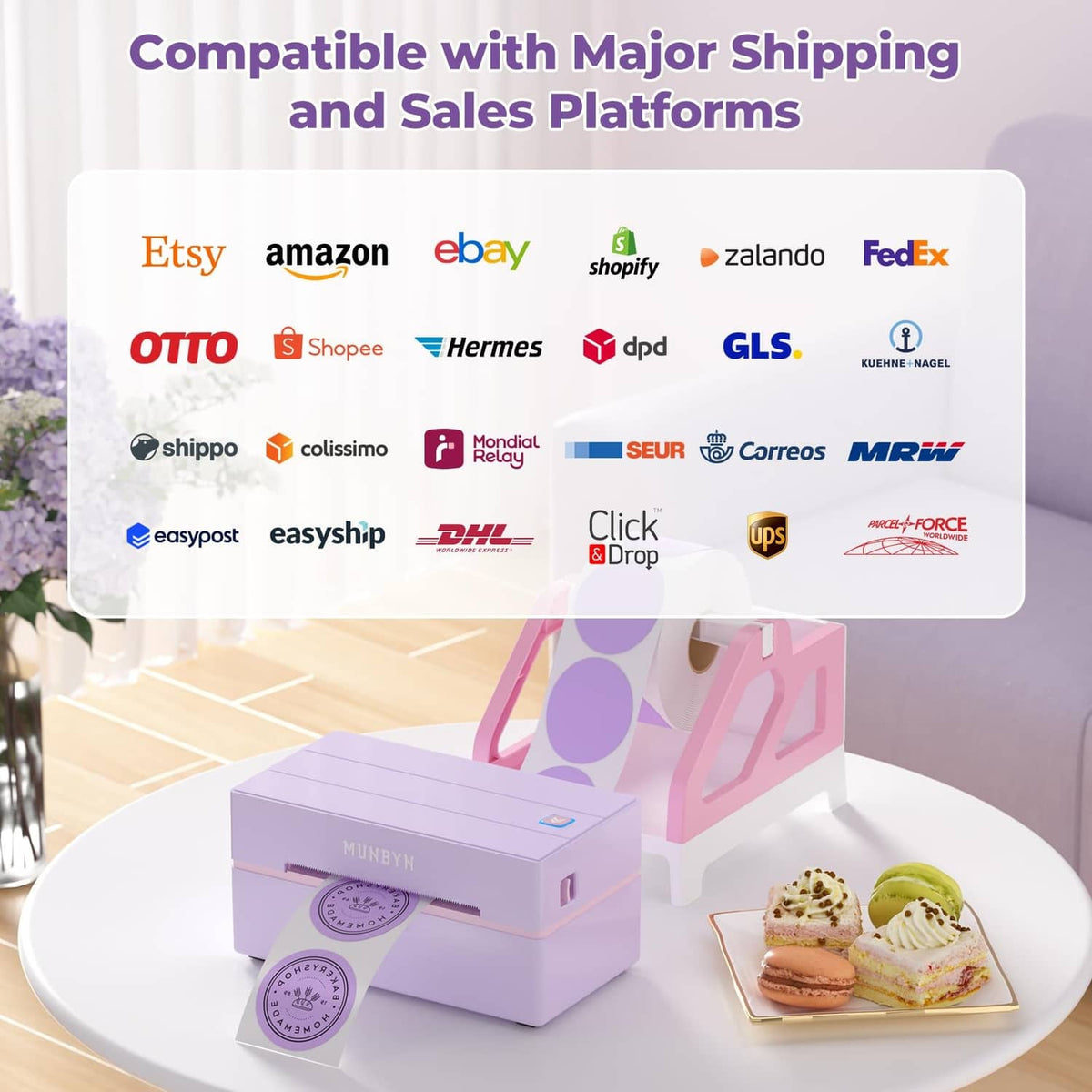 Purple thermal label printer with label roll and shipping platform icon graphic