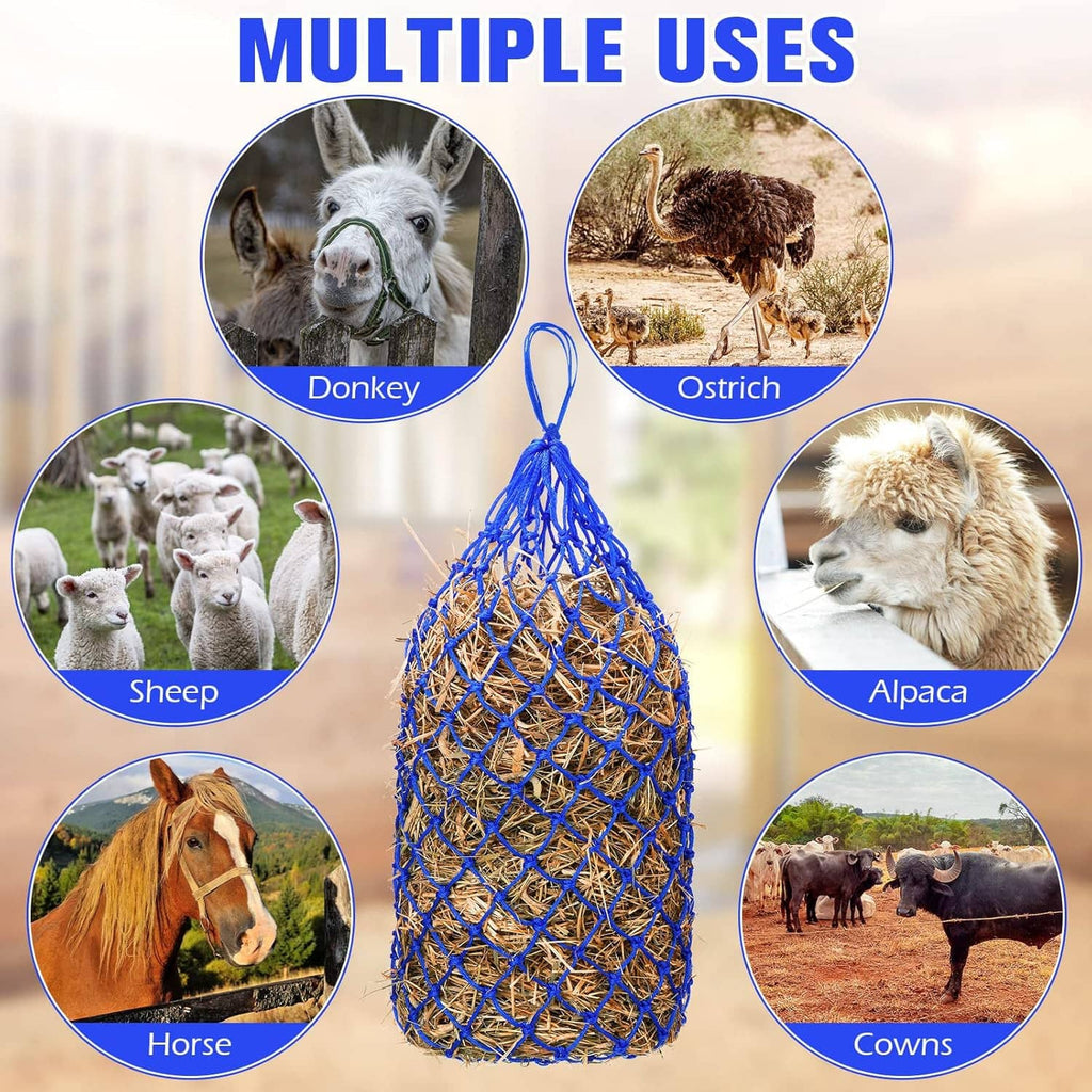 Blue mesh slow feeder hay net bag centered, filled with hay
