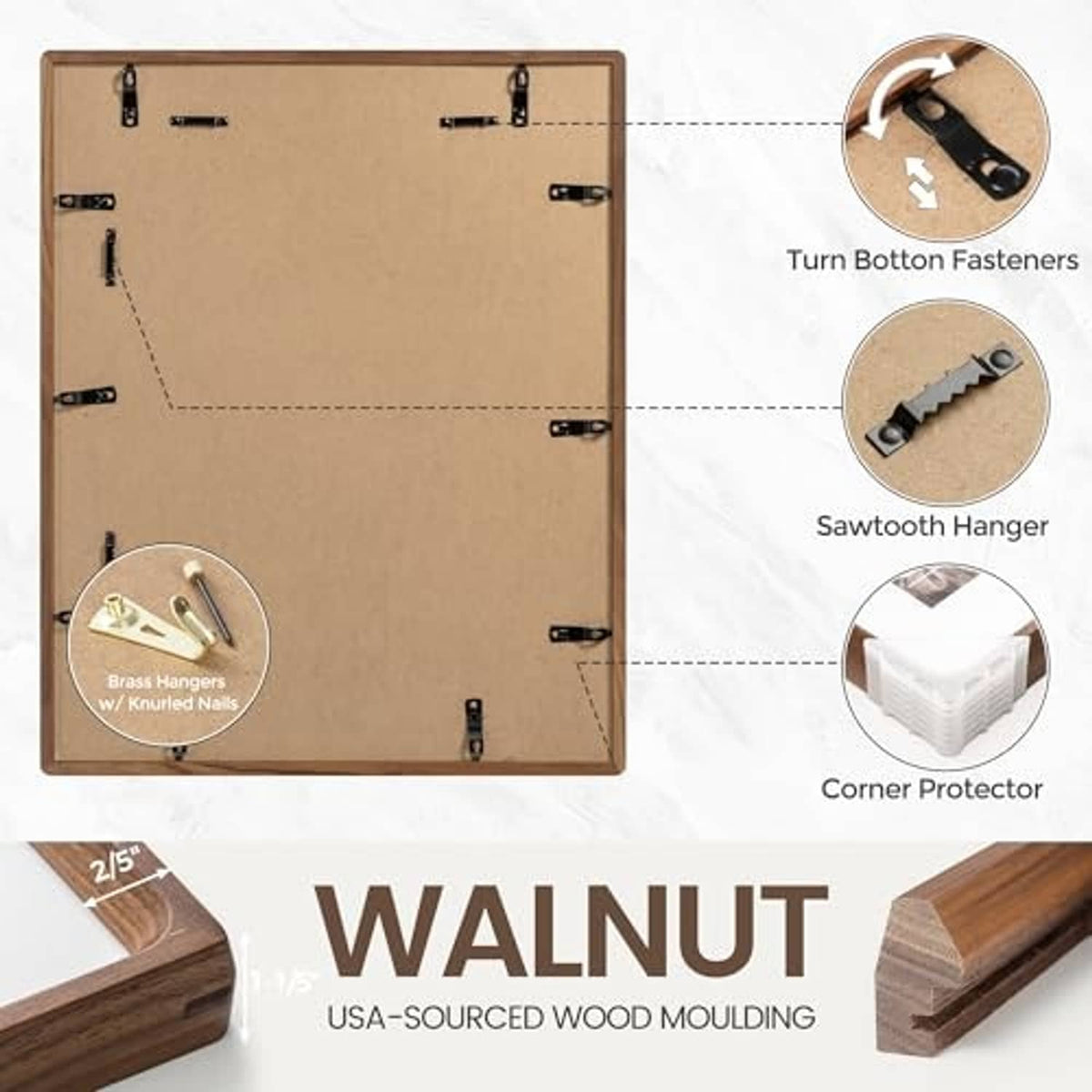 Back of walnut picture frame with sawtooth hanger and turn-button fasteners