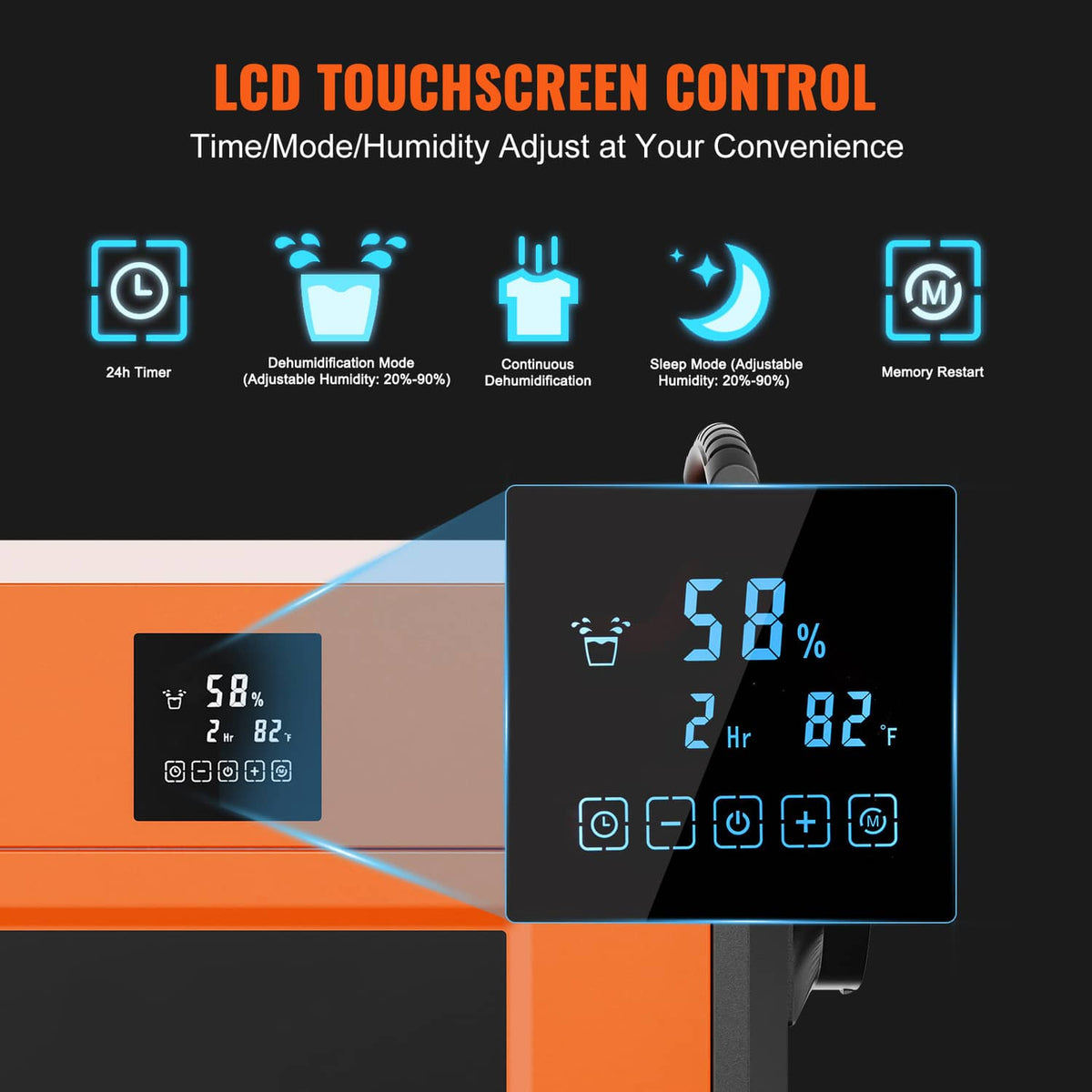Commercial dehumidifier LCD control screen with digital humidity and timer display.