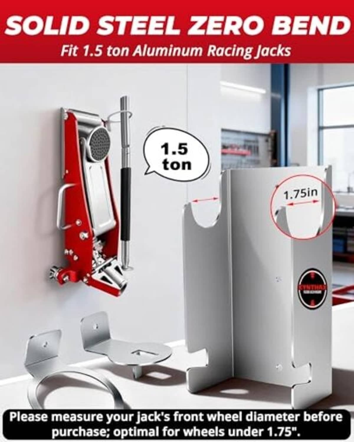 Heavy-duty solid steel 1.5 ton jack stand wall mount with compatible aluminum jack