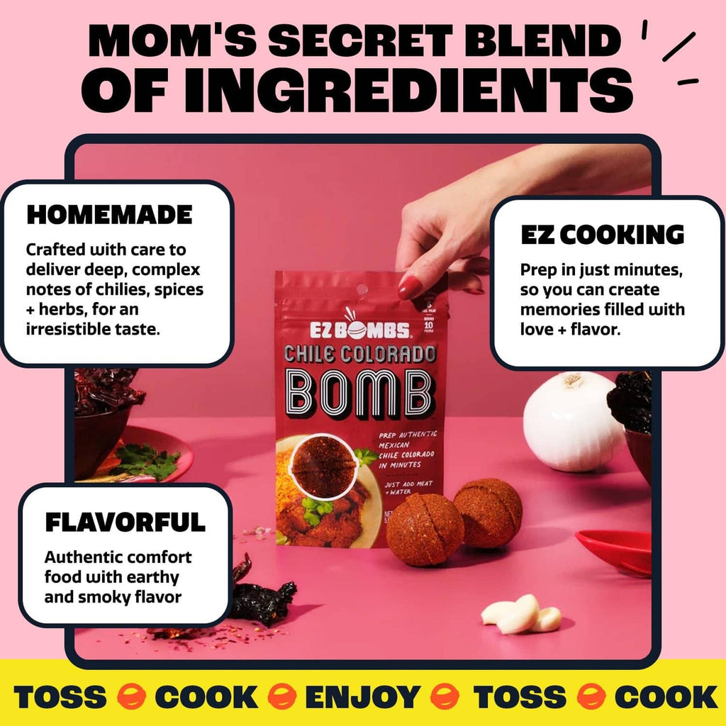 EZ Bombs Chile Colorado Bomb seasoning mix packet with recipe-style ingredient and cooking callouts