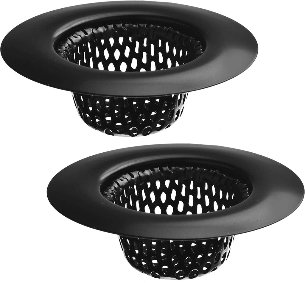 Black drain strainer baskets, two round strainers with mesh openings and rim