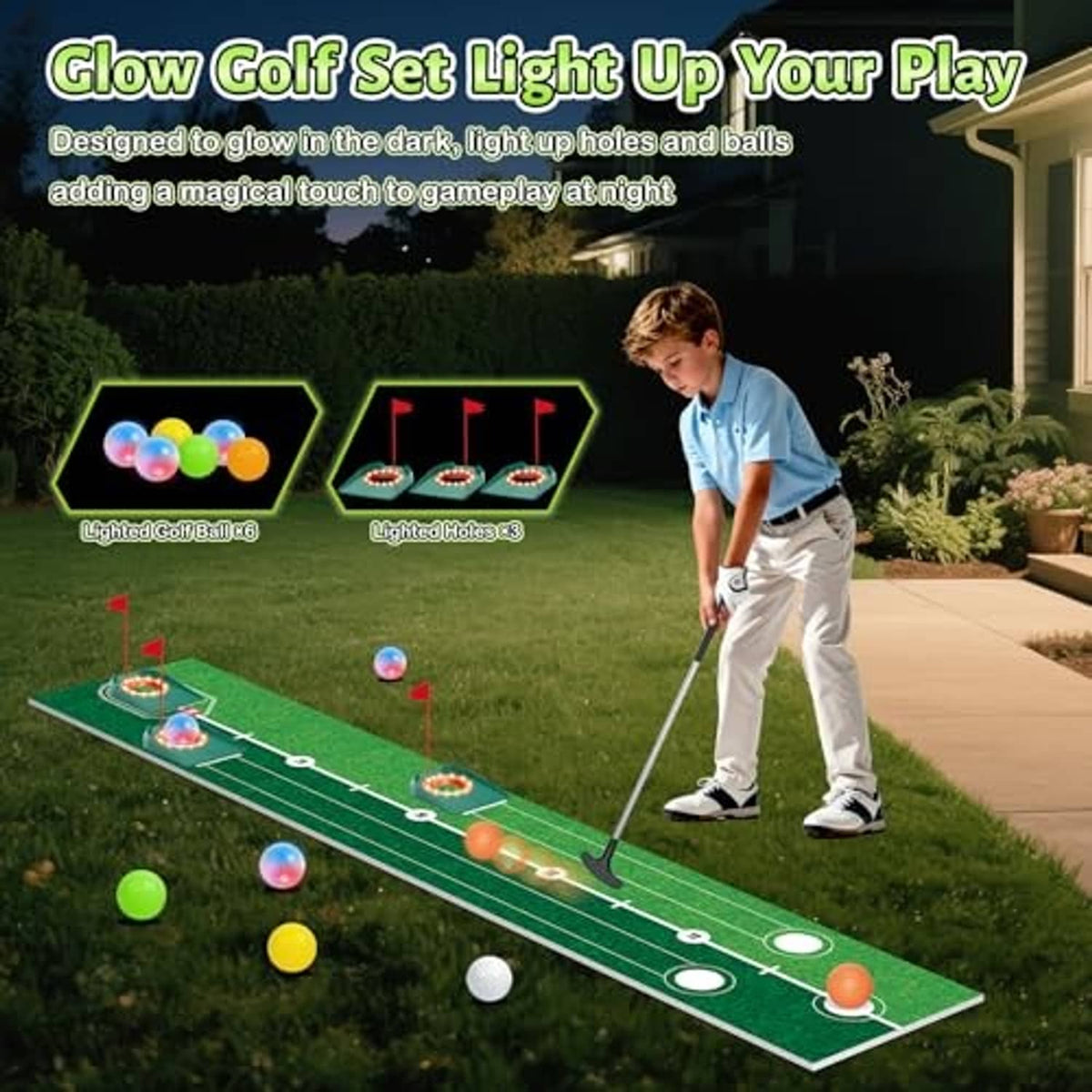 Glow golf putting set with green mat, multi-color glowing balls and target holes