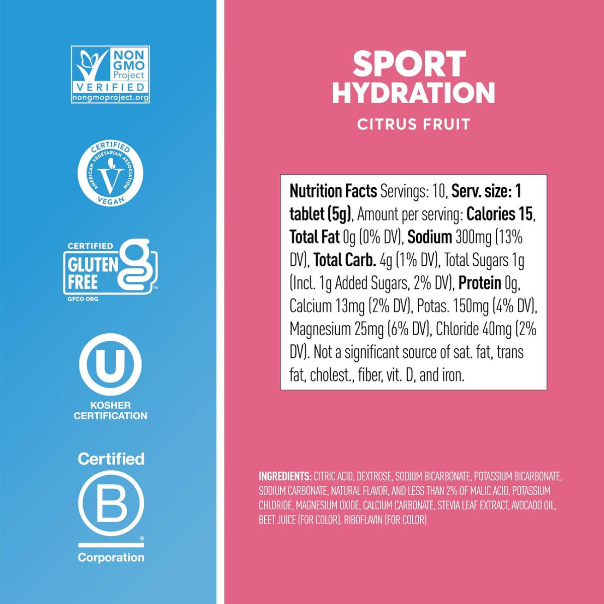 Nuun Sport citrus fruit label panel with gluten-free and nutrition facts