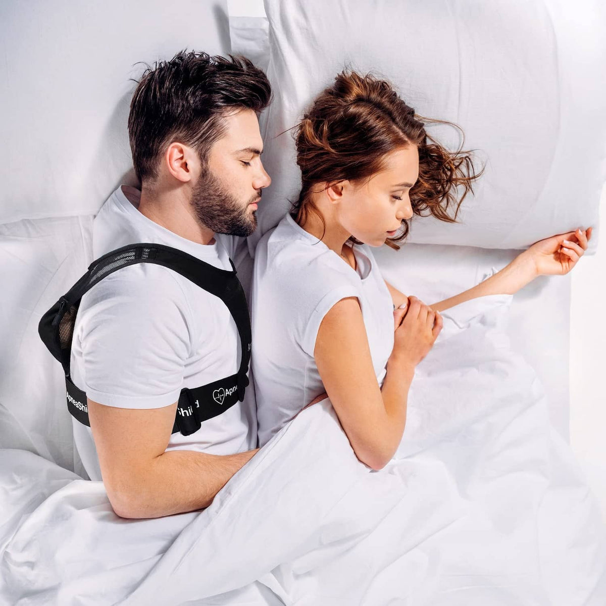 Side-sleeping position trainer harness on two people, black mesh with adjustable straps
