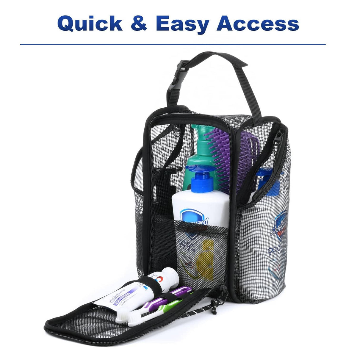 Black mesh shower caddy organizer with quick-access open top and inner elastic strap