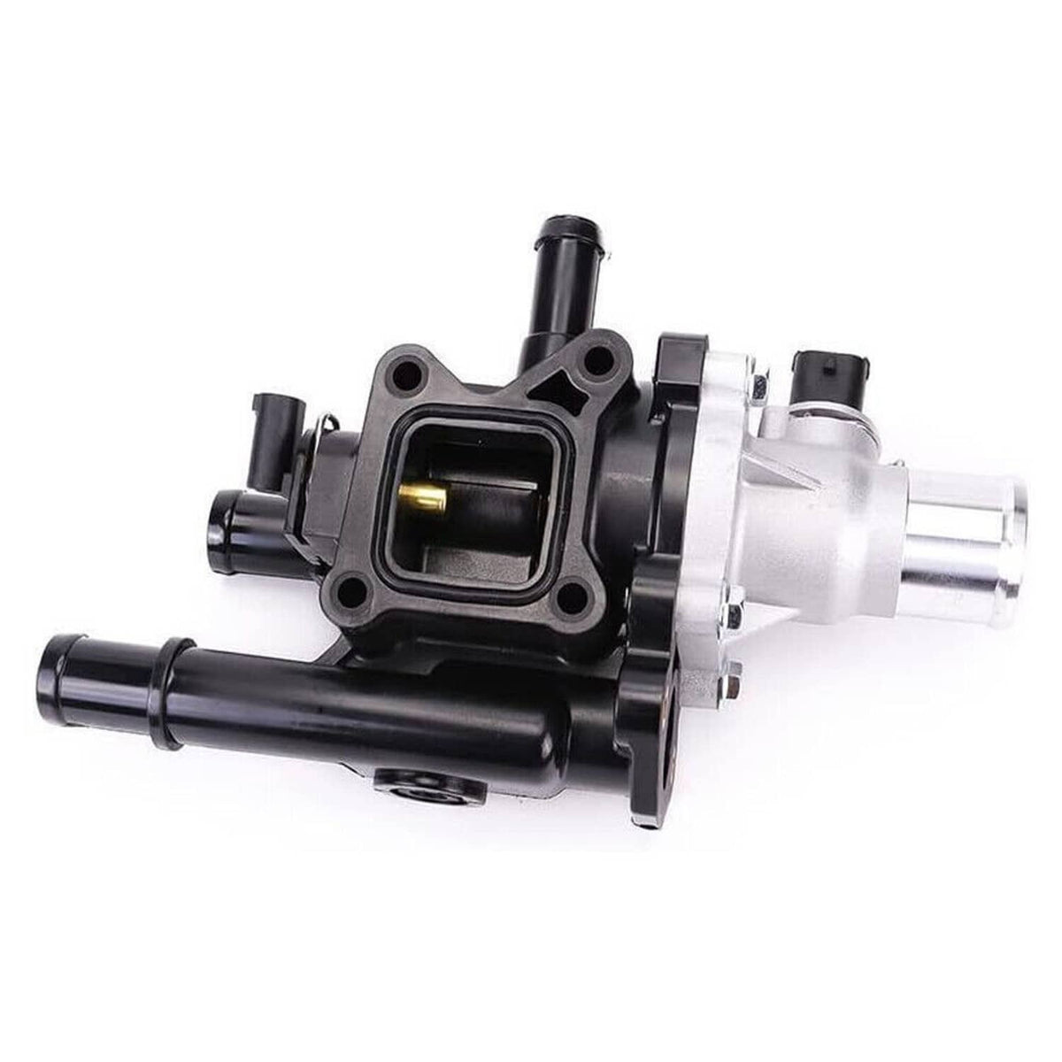 Thermostat water outlet assembly, angled view with sensor opening and outlet pipe