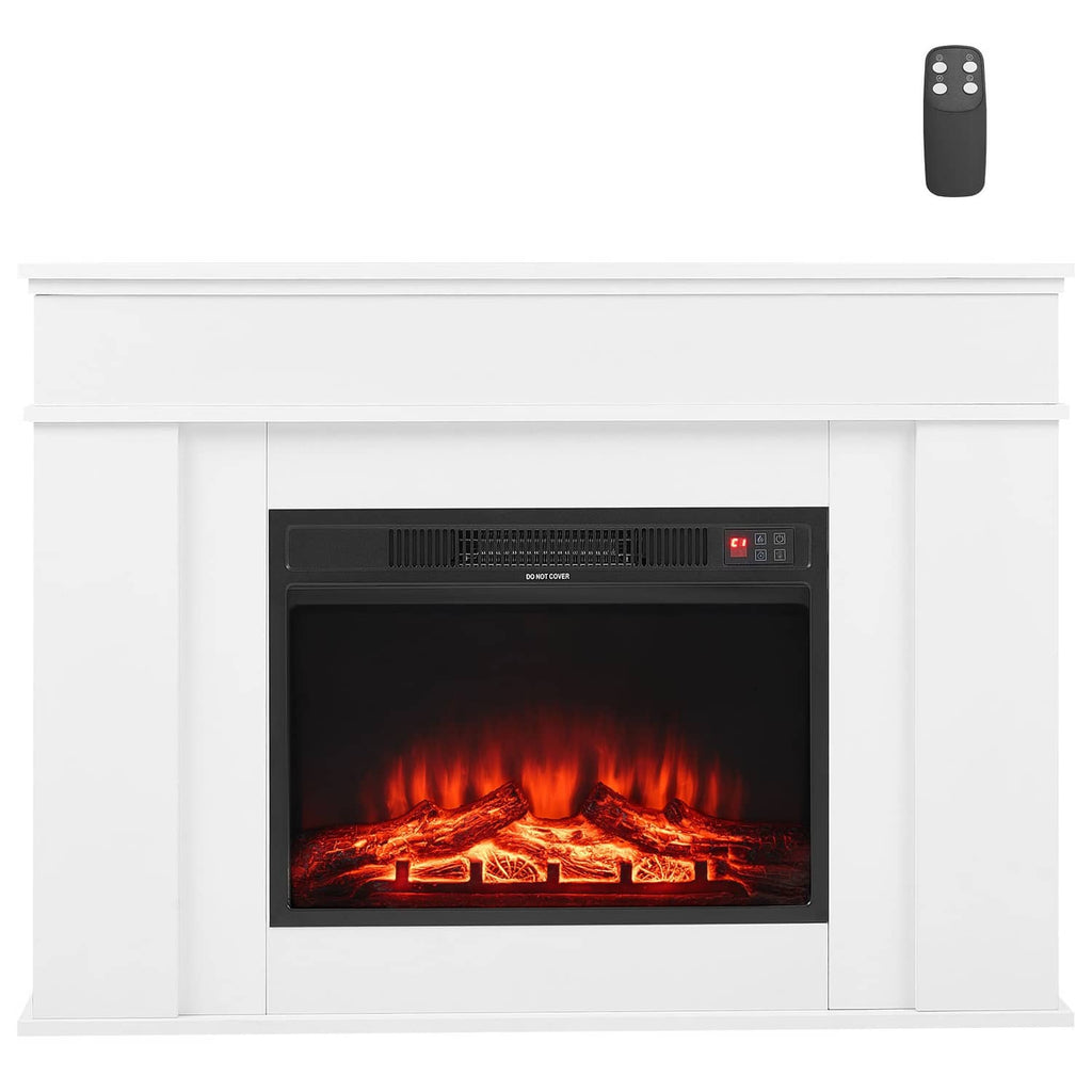White freestanding electric fireplace mantel with glowing red flame log bed window