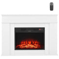 White freestanding electric fireplace mantel with glowing red flame log bed window