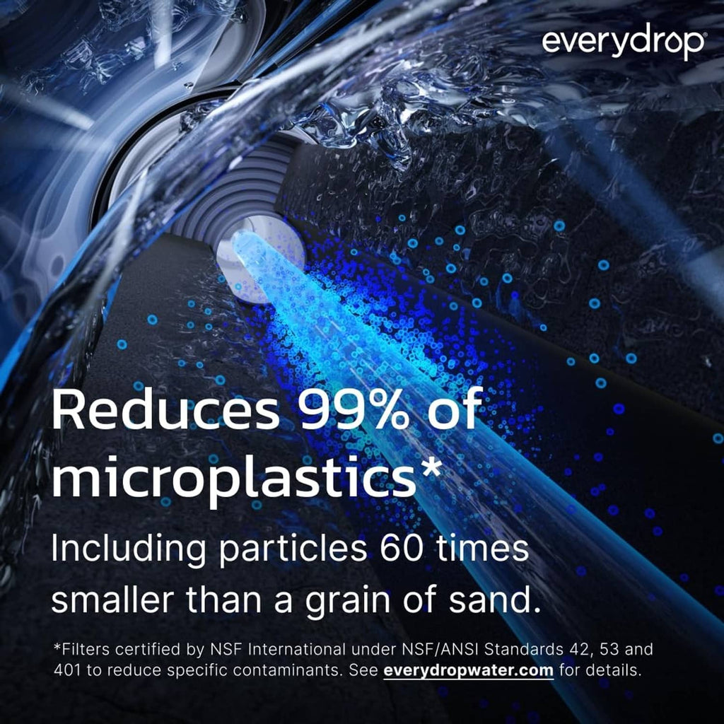 Refrigerator water filter cartridge with blue micro-filtration graphics