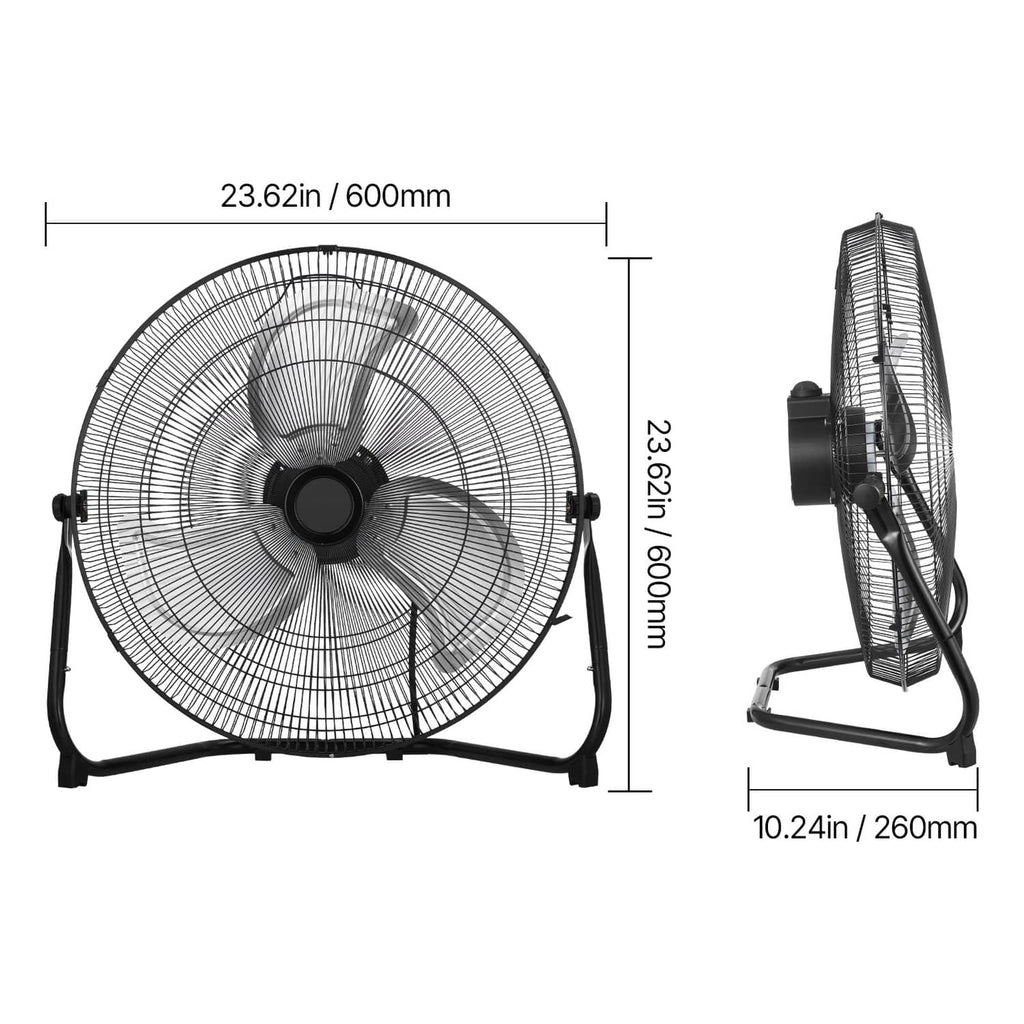 Black floor fan with wire grille and tilt stand, shown from the side
